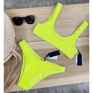 Kendall & Kylie Henley 2-Piece Ribbed Bikini Set Neon Yellow Size Large